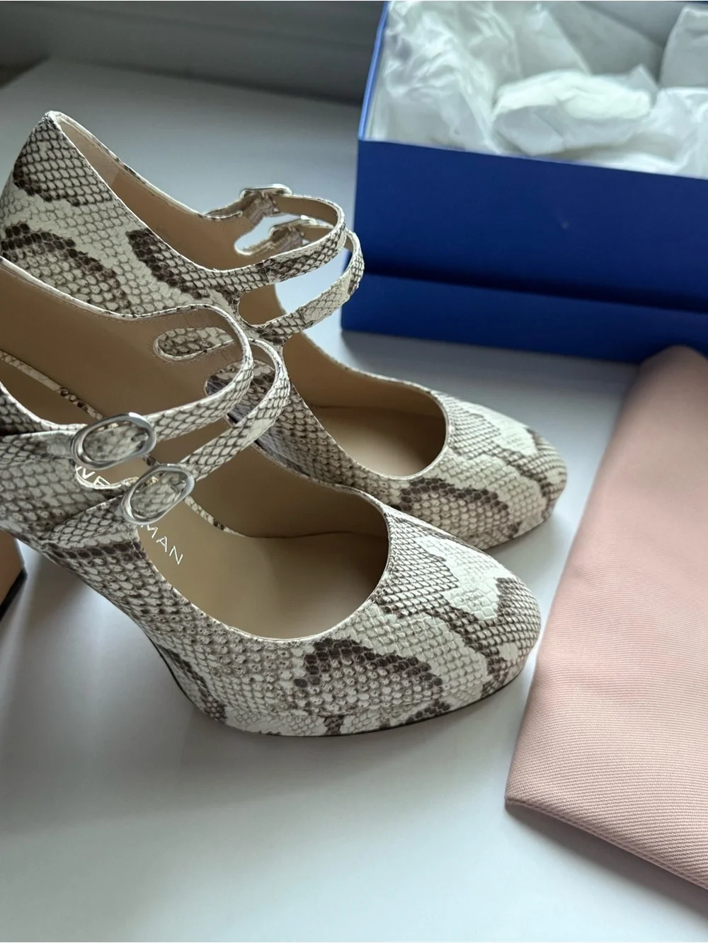 Stuart Weitzman Snake-Print Double-Strap Pumps in Beige and Brown